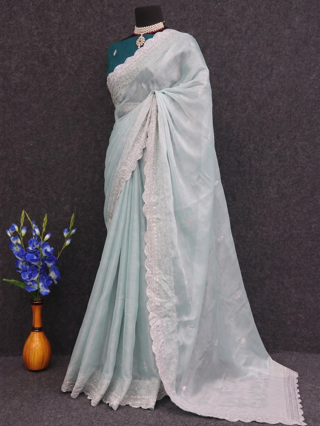 Sea Green Sequins Embroidered Chiffon Saree - Image 2
