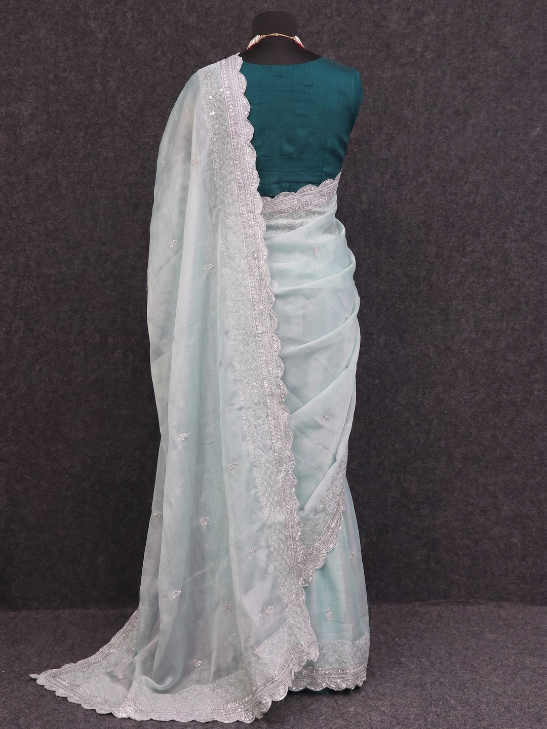 Sea Green Sequins Embroidered Chiffon Saree - Image 3