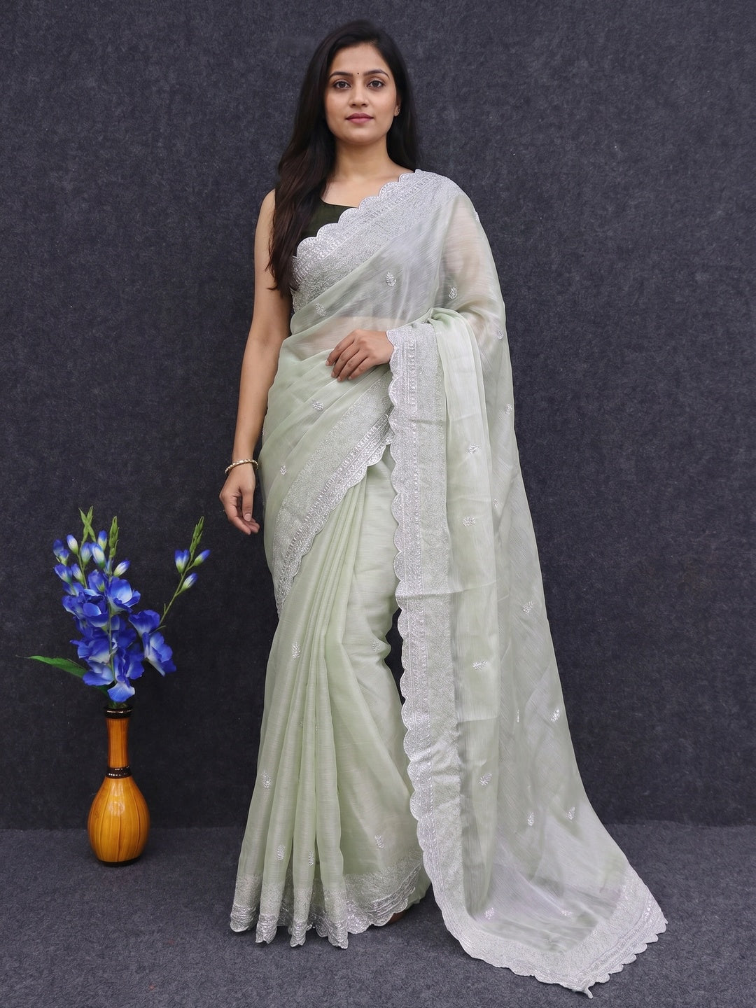 Green Sequins Embroidered Chiffon Saree - Image 1