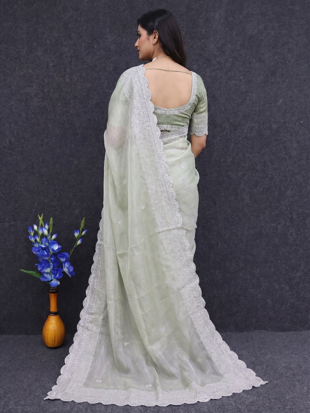 Green Sequins Embroidered Chiffon Saree - Image 2