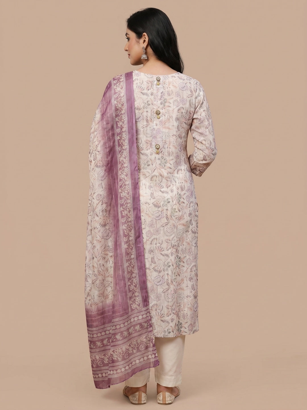Cream Floral Printed Linen Dress Material - Image 3