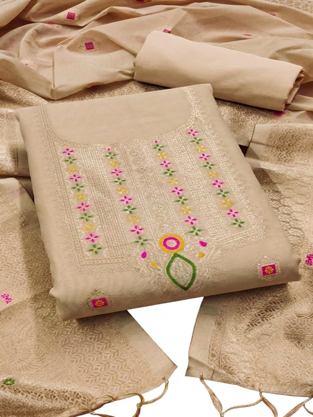 Chikoo Floral Woven Chanderi Dress Material - Image 2