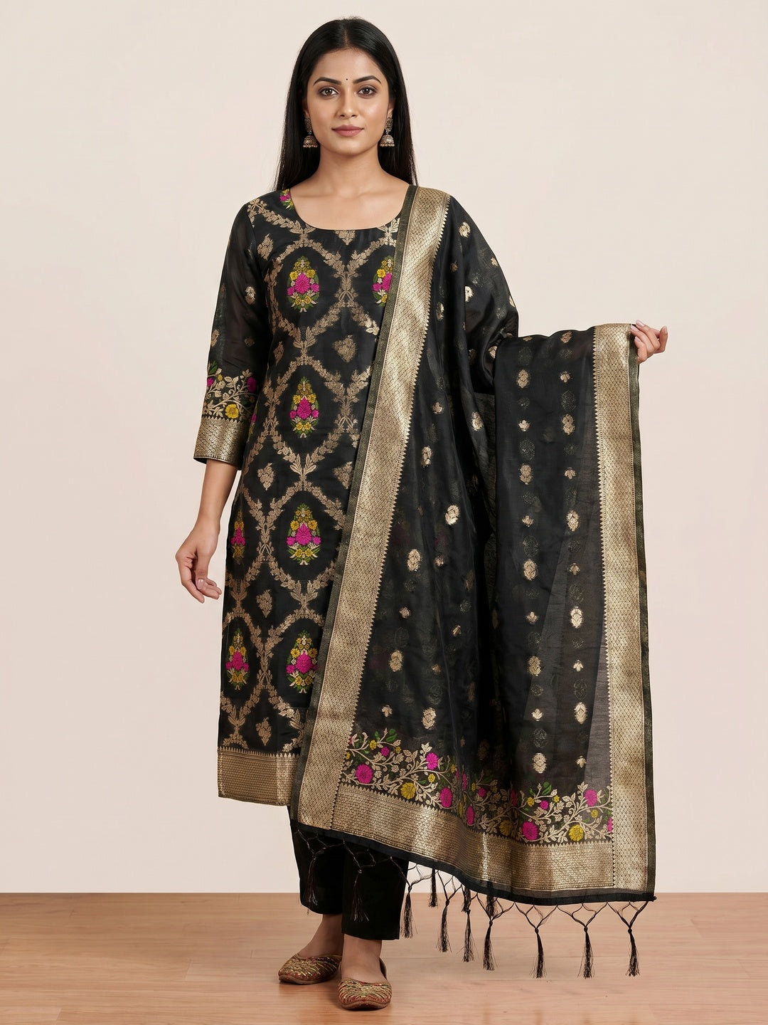 Black Floral Woven Chanderi Dress Material - Image 1