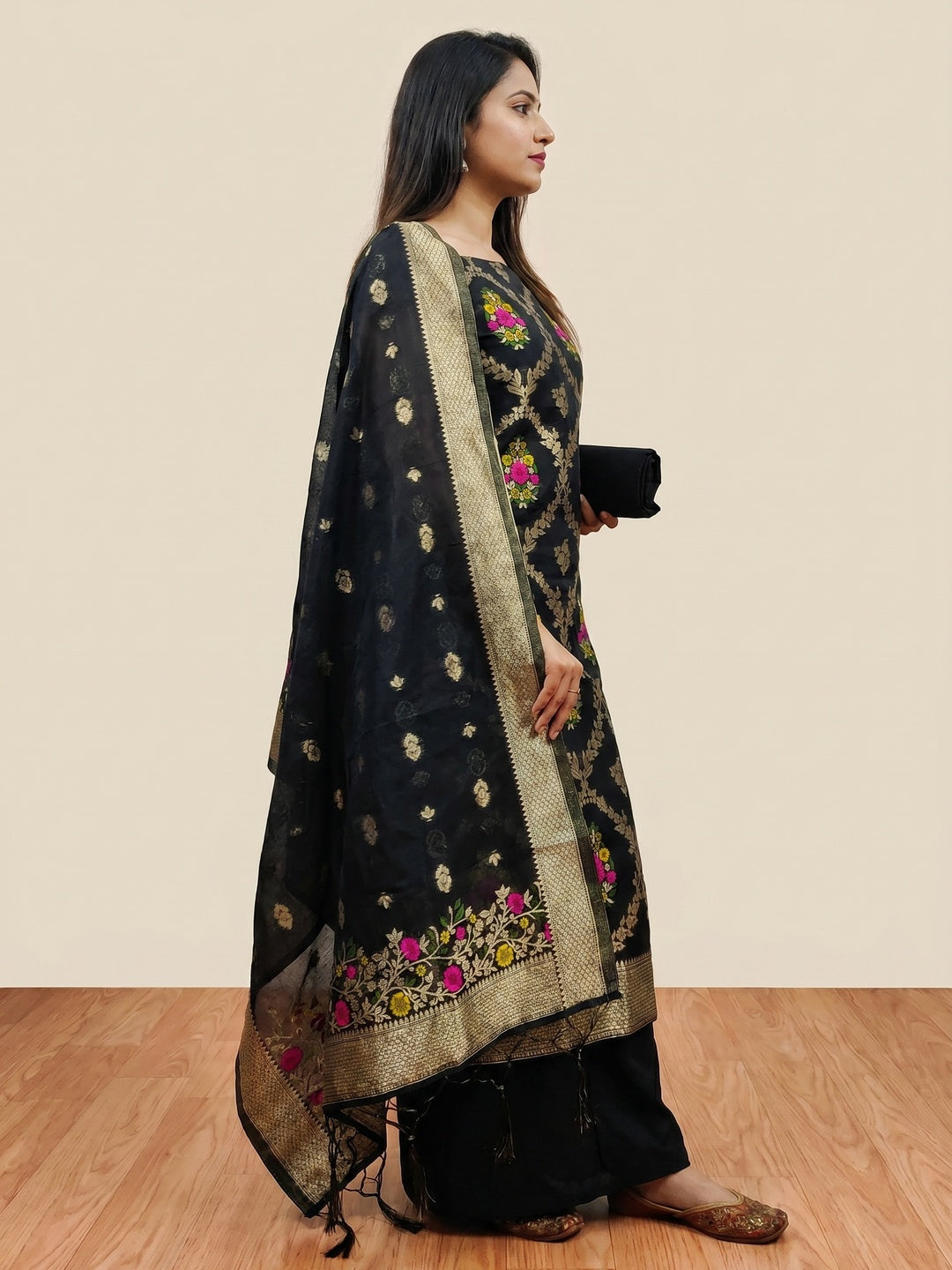 Black Floral Woven Chanderi Dress Material - Image 3