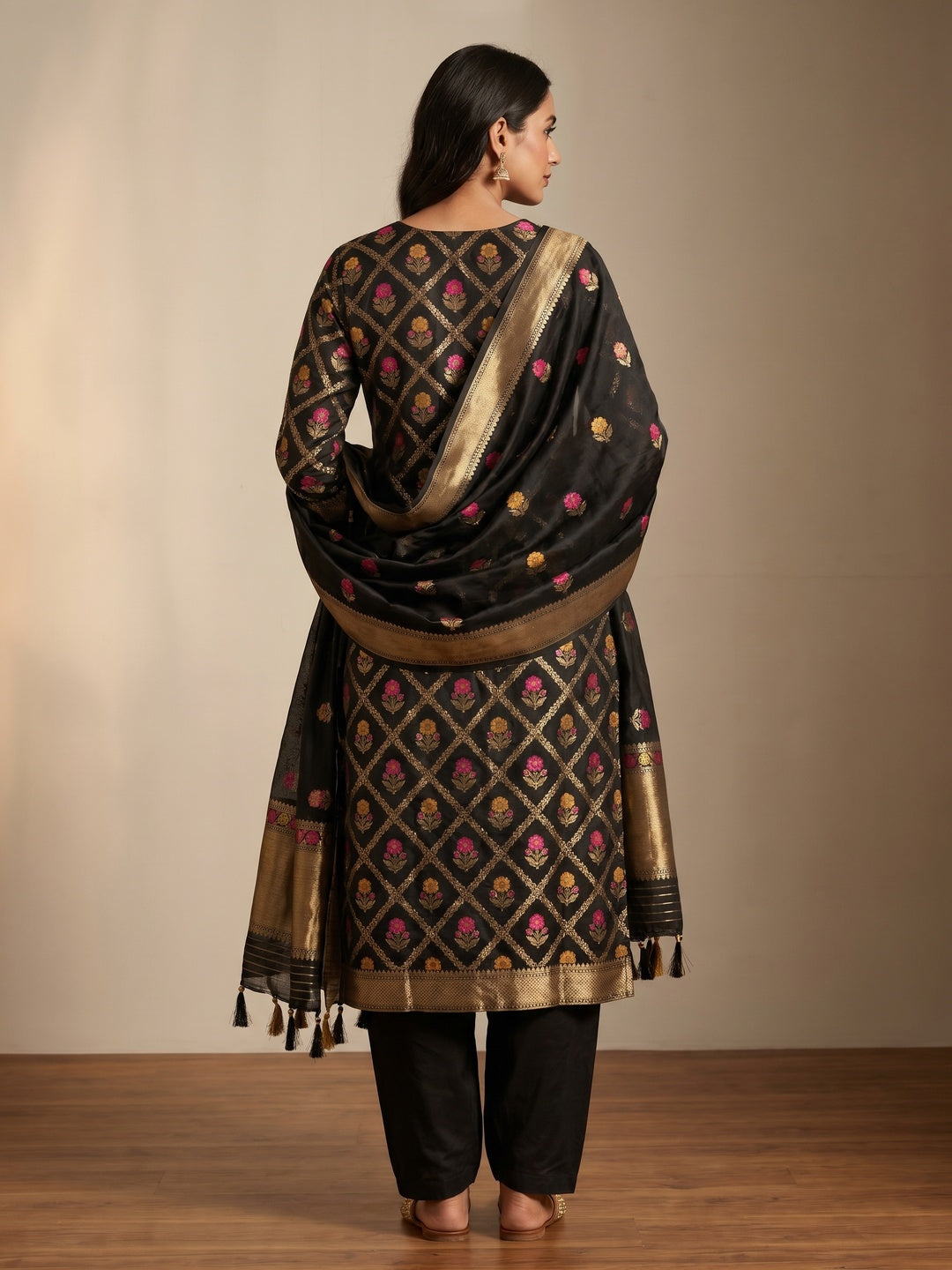 Black Floral Woven Chanderi Dress Material - Image 2