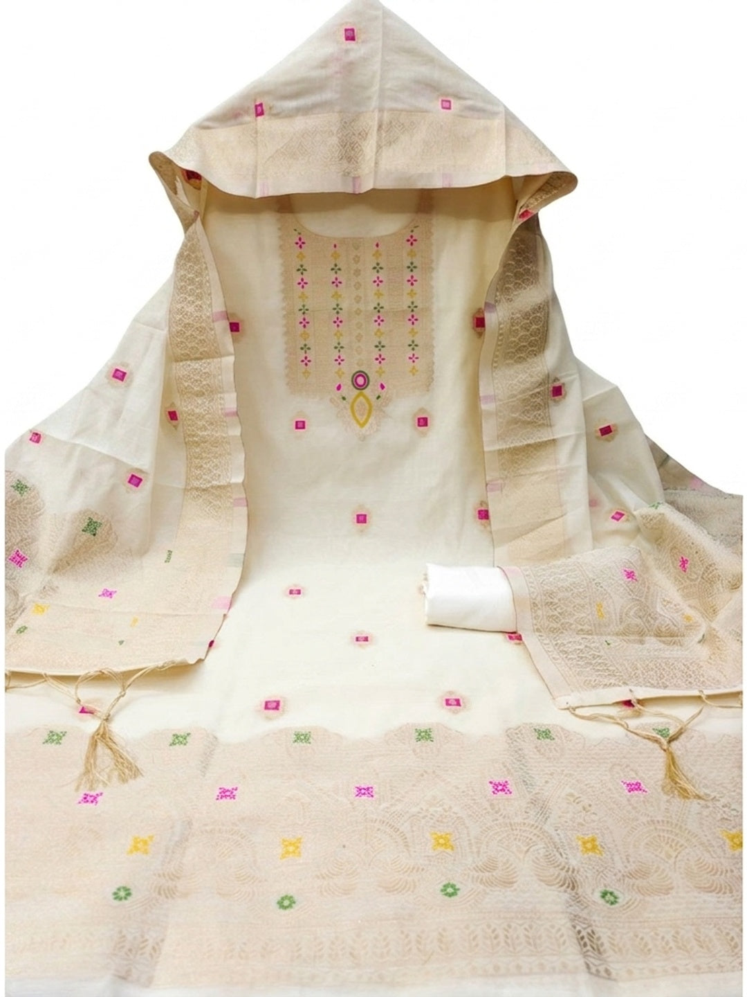 Off White Floral Woven Chanderi Dress Material - Image 2