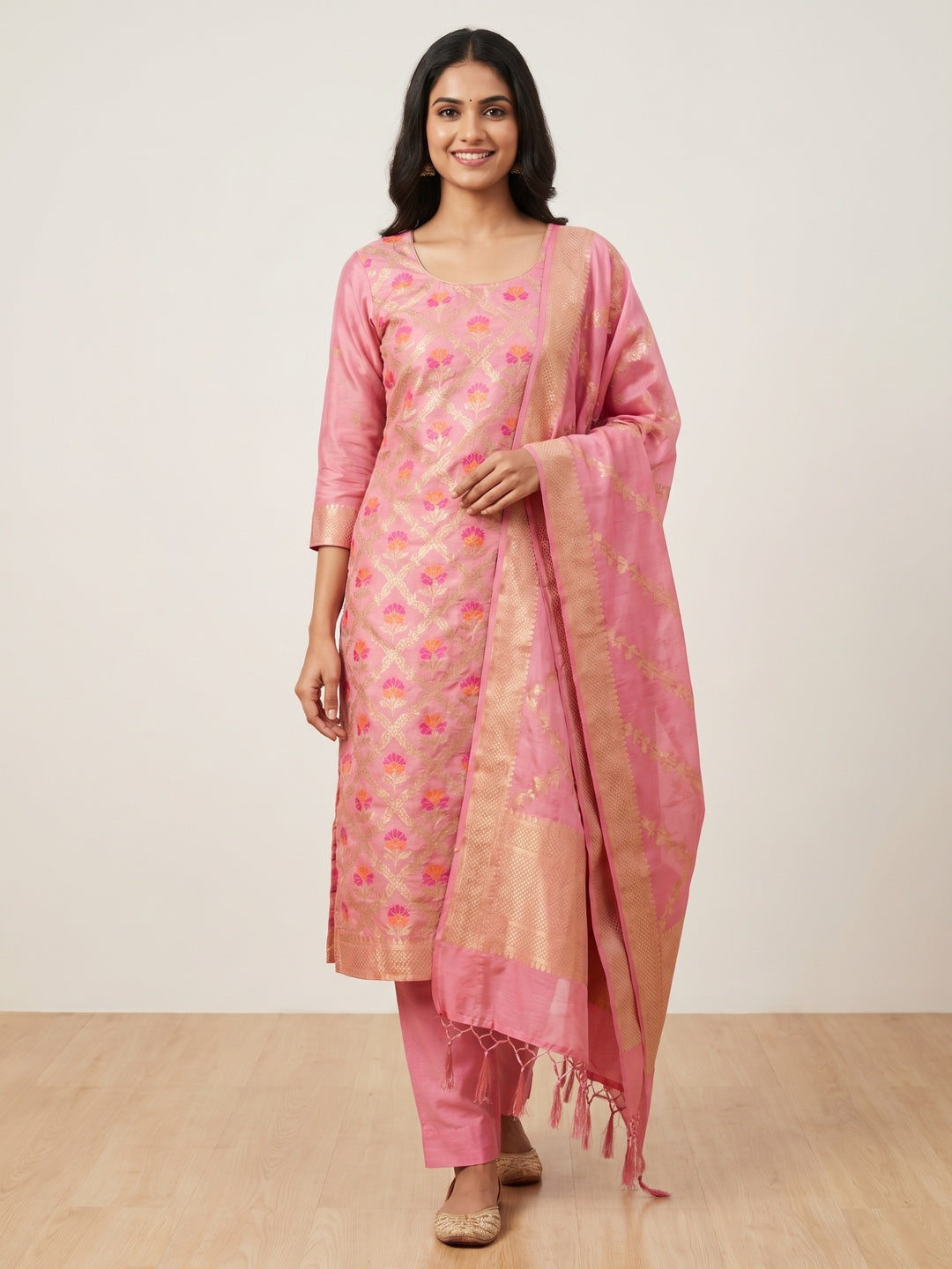 Pink Woven Chanderi Dress Material - Image 1