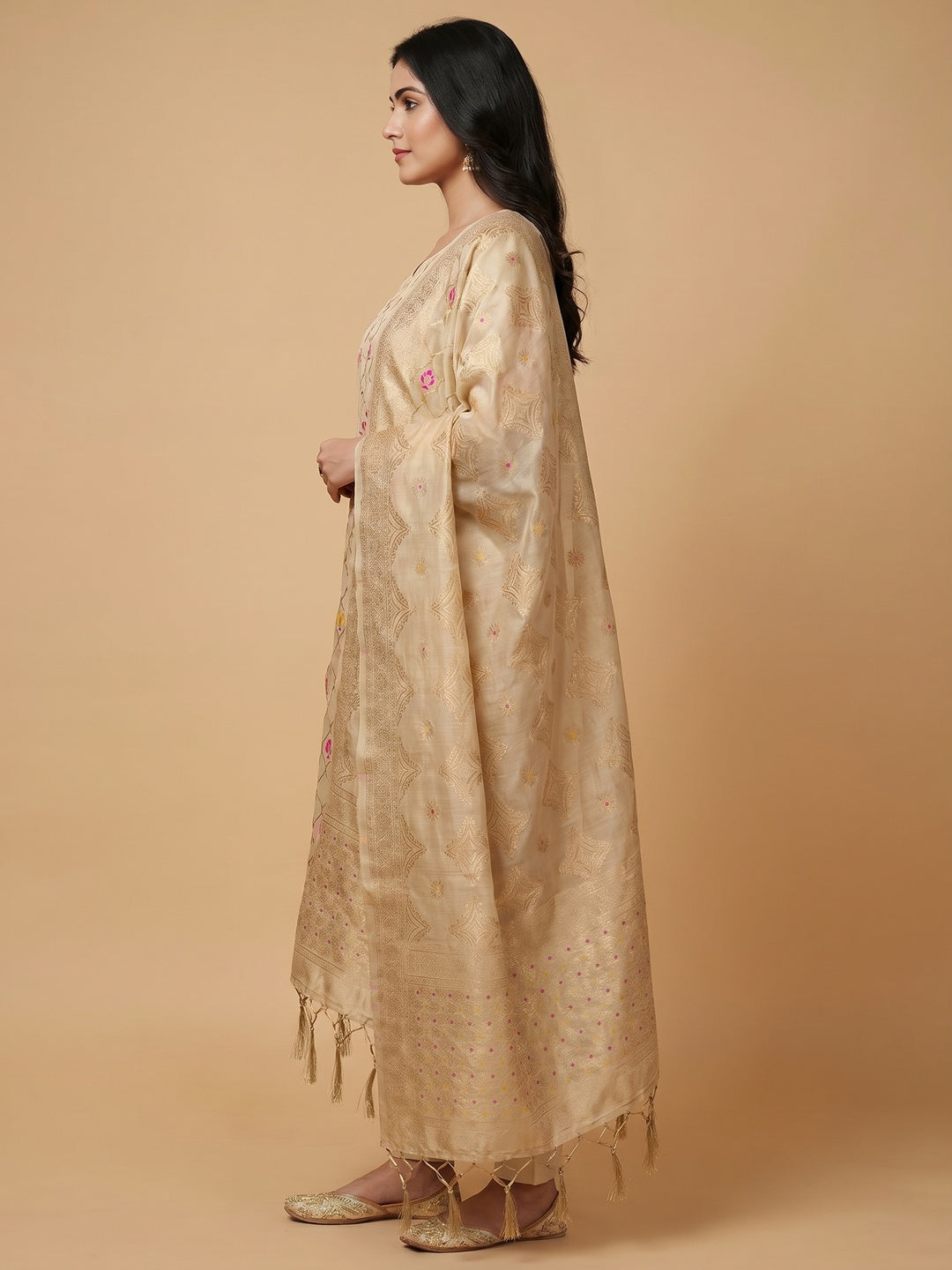Chikoo Woven Chanderi Dress Material - Image 2