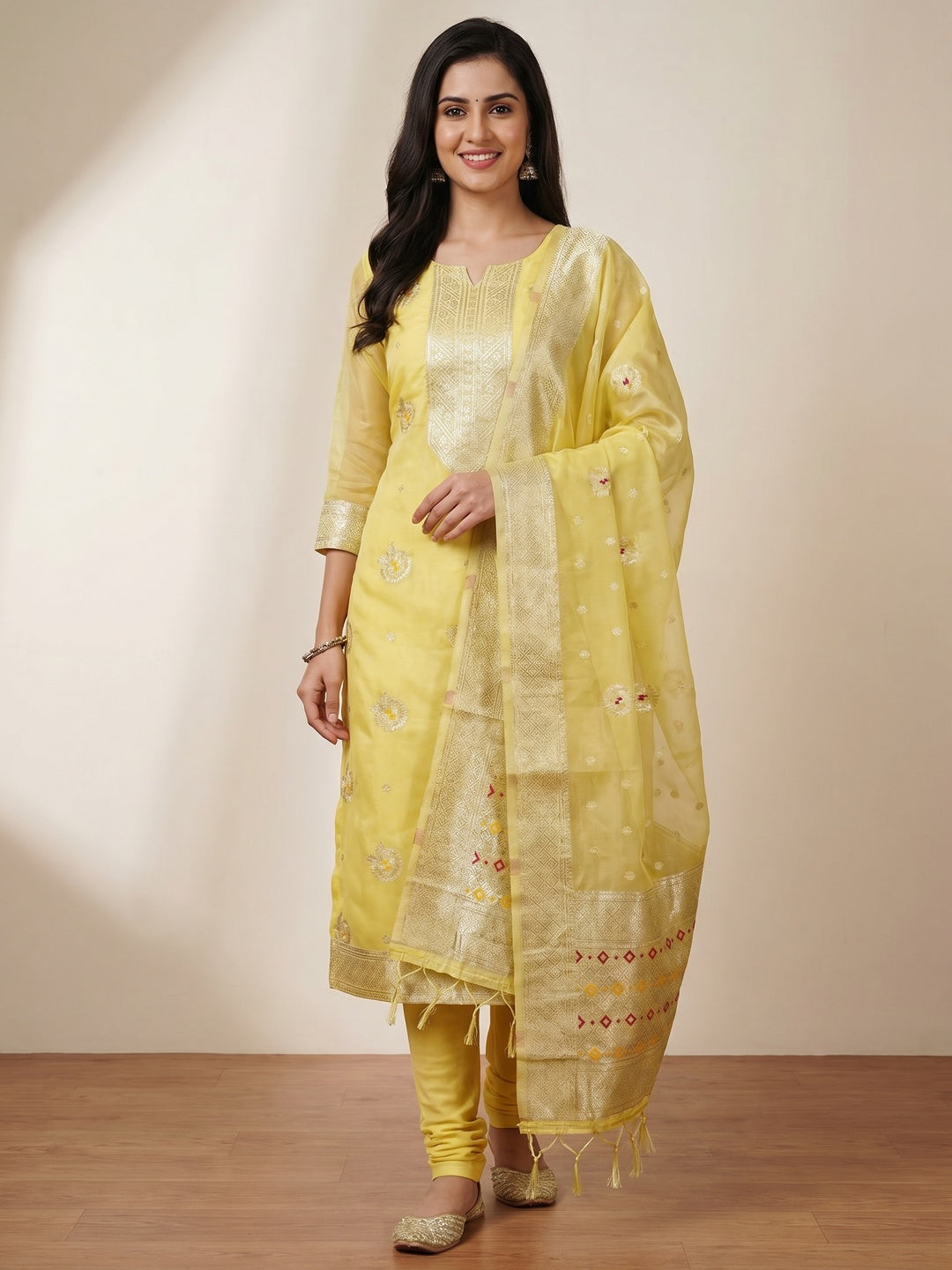 Yellow Floral Woven Organza Dress Material - Image 1