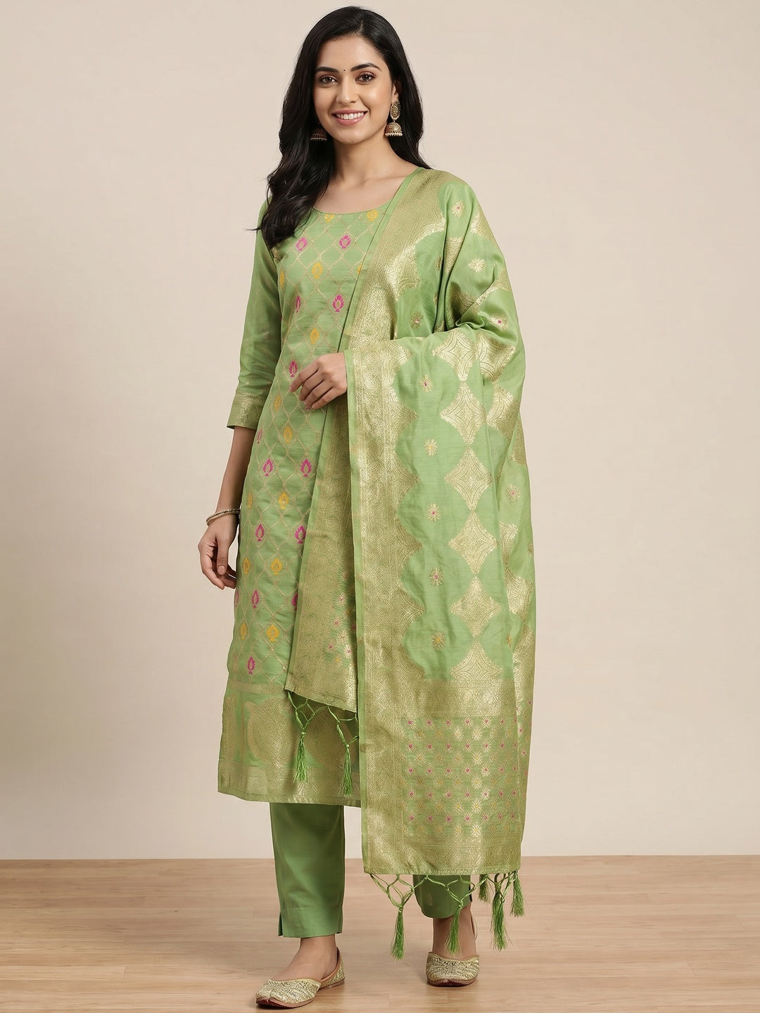 Green Woven Chanderi Dress Material - Image 1