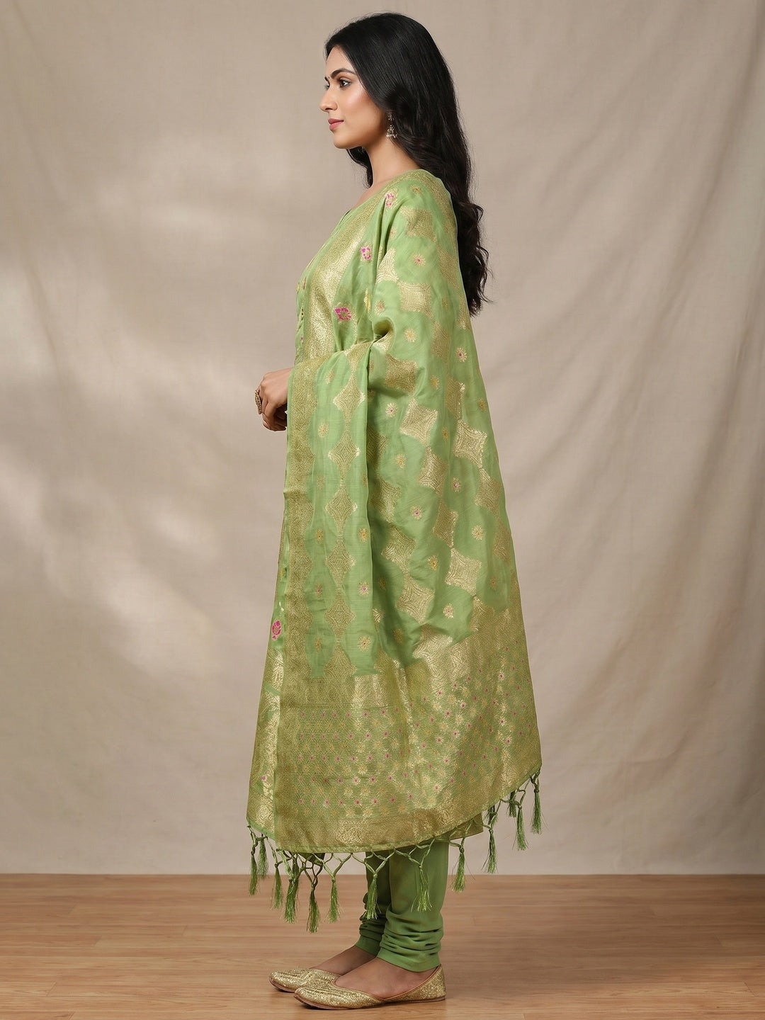 Green Woven Chanderi Dress Material - Image 2