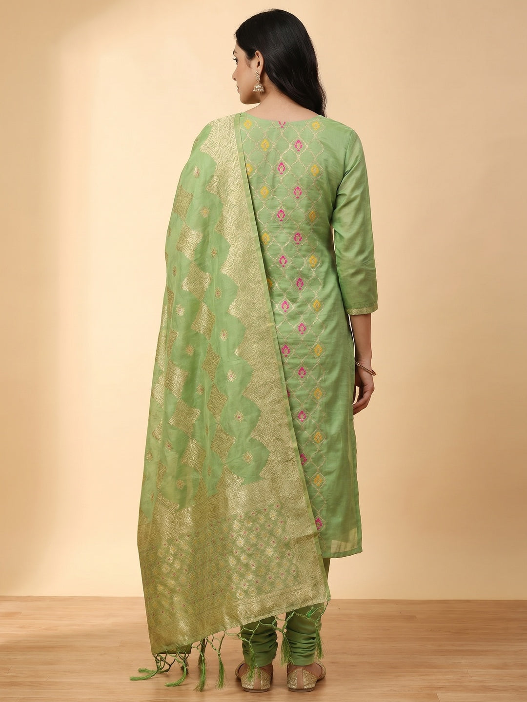 Green Woven Chanderi Dress Material - Image 3