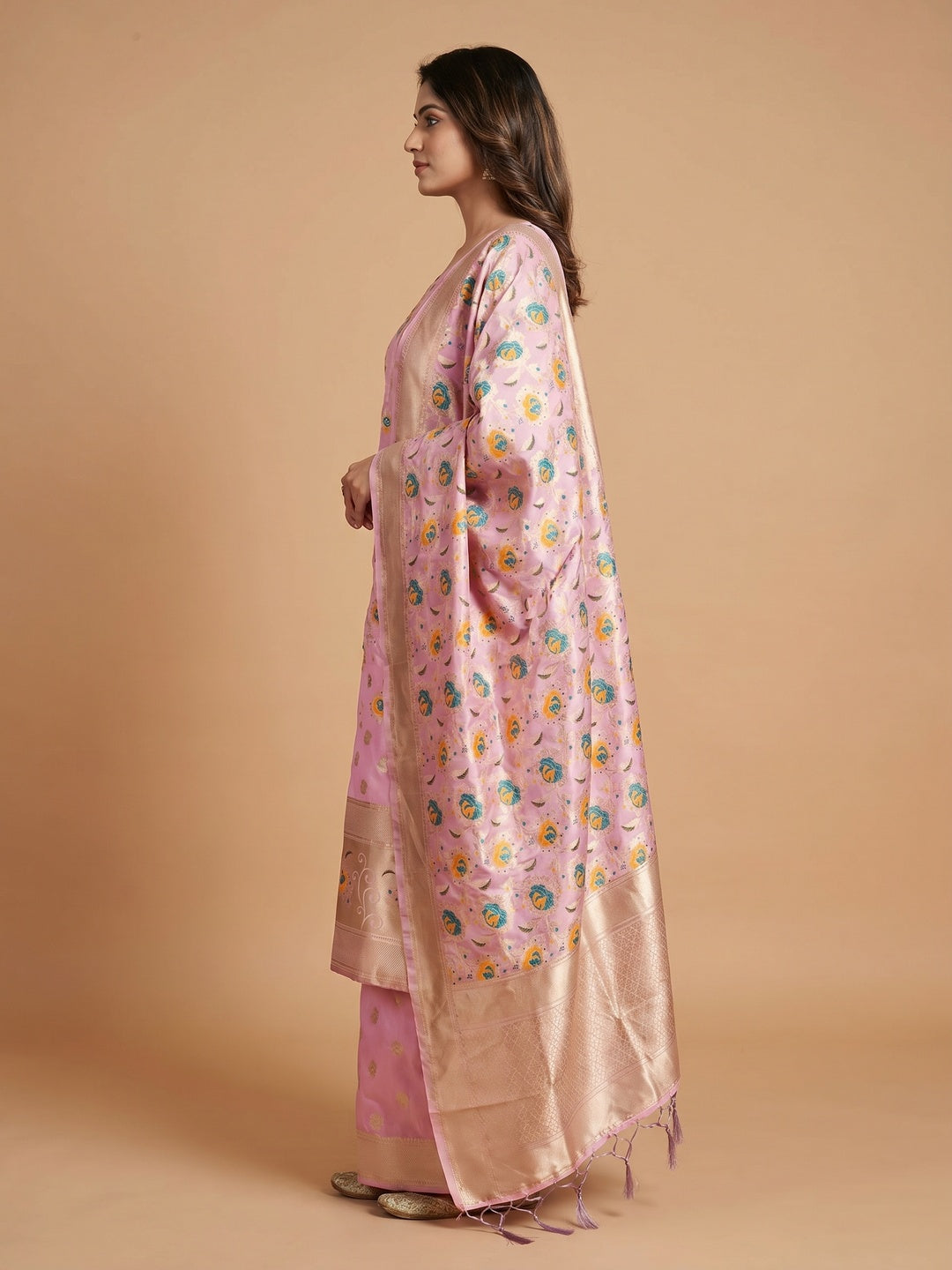 Baby Pink Floral Woven Banarasi Silk Dress Material - Image 3