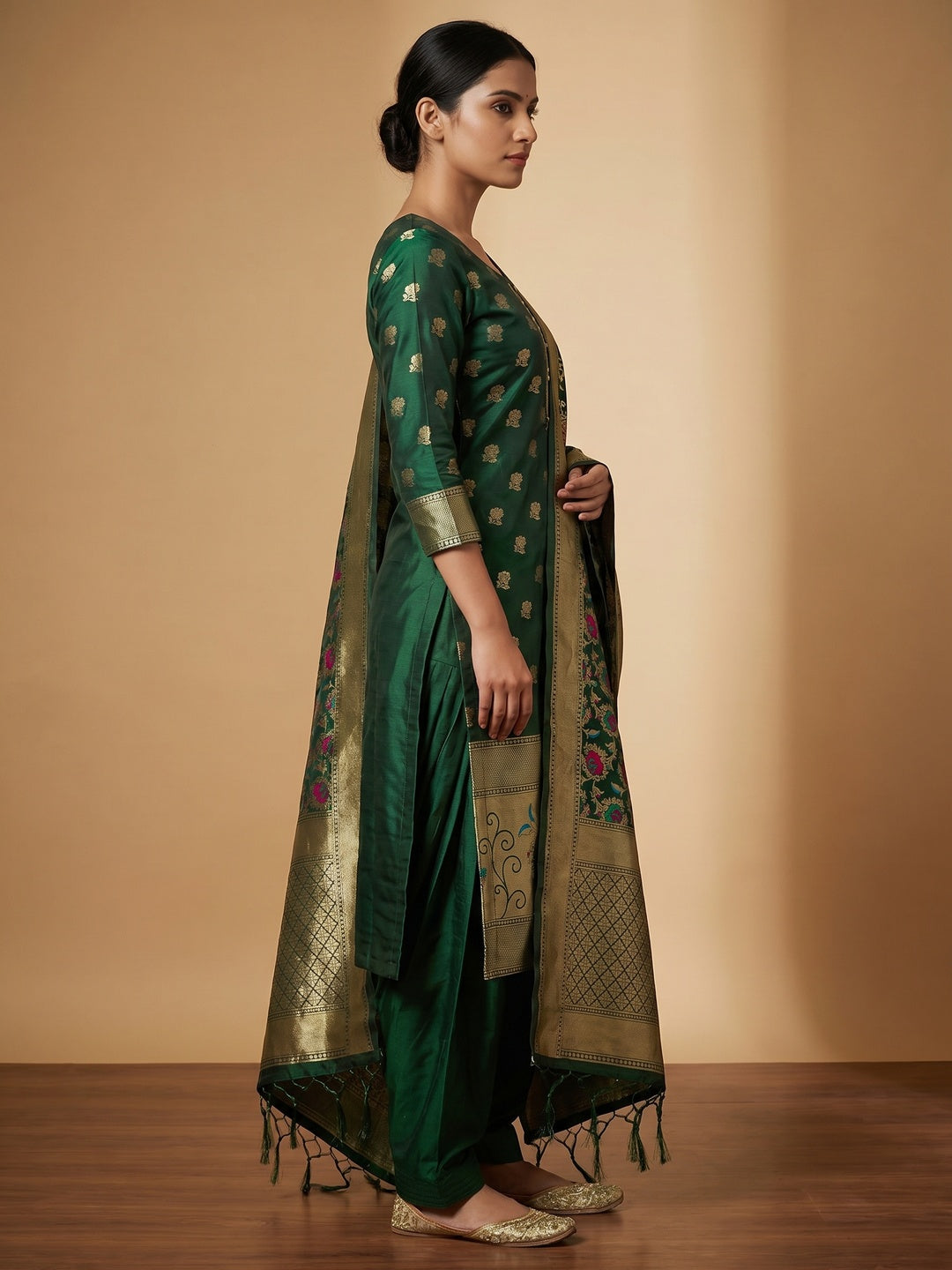 Bottle Green Floral Woven Banarasi Silk Dress Material - Image 2