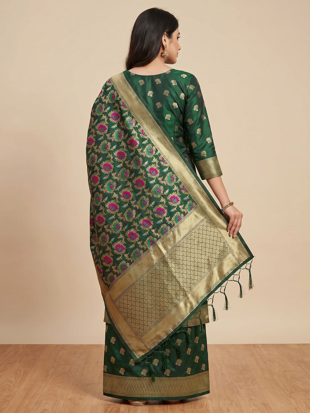 Bottle Green Floral Woven Banarasi Silk Dress Material - Image 3