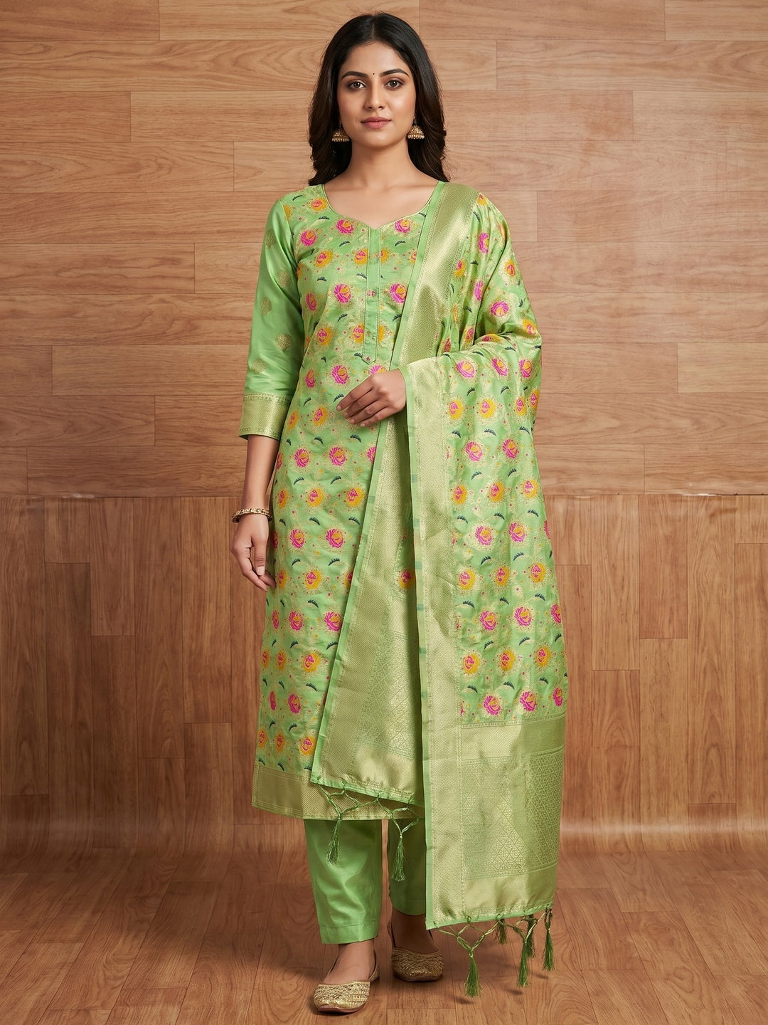 Pista Green Floral Woven Banarasi Silk Dress Material - Image 1