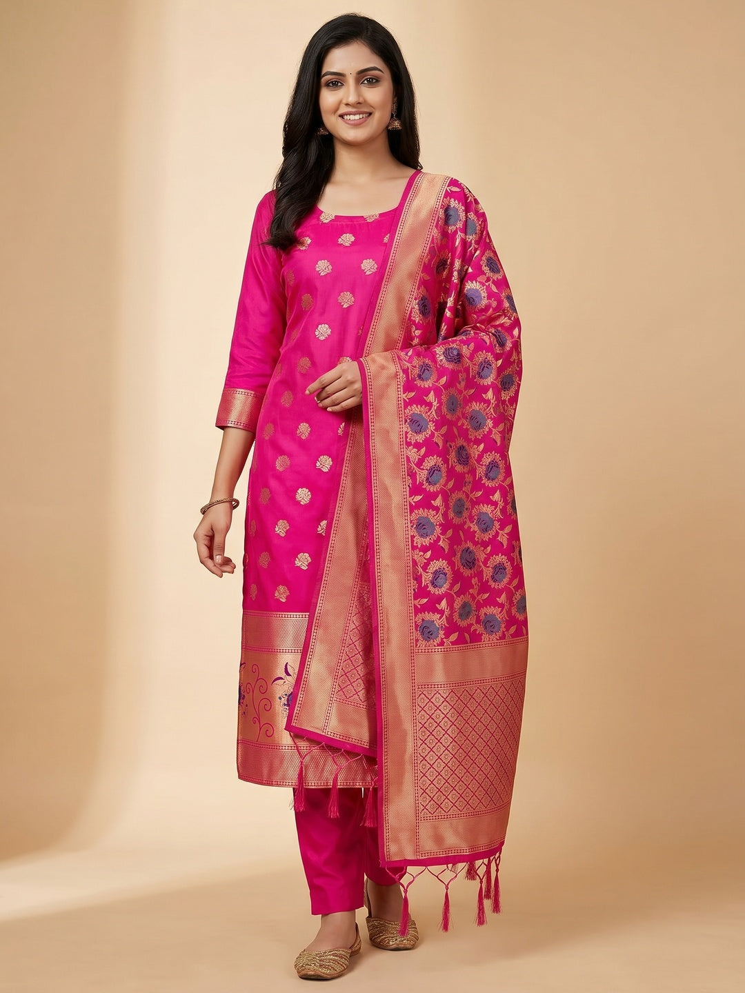 Rani Pink Floral Woven Banarasi Silk Dress Material - Image 1