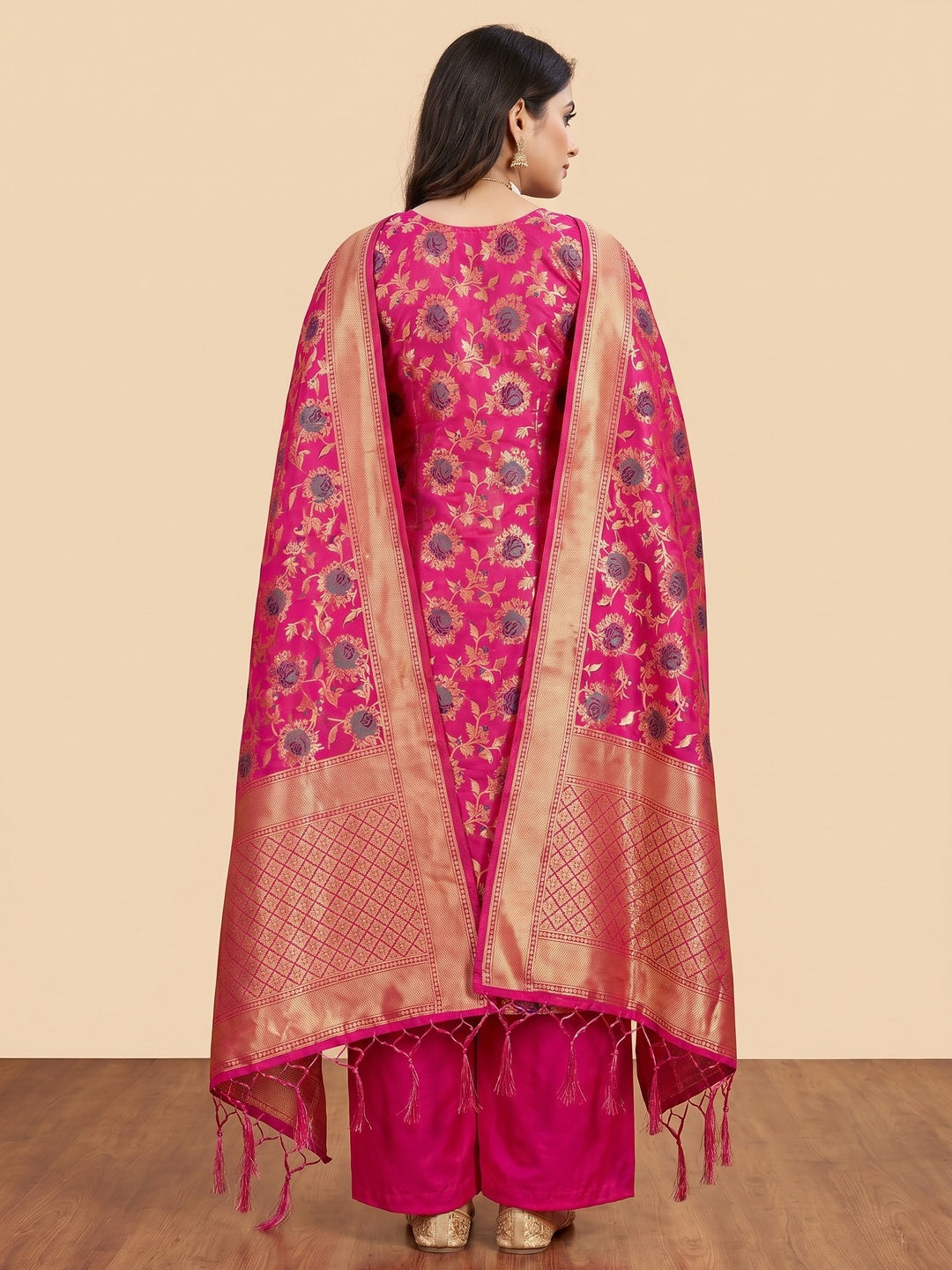 Rani Pink Floral Woven Banarasi Silk Dress Material - Image 2