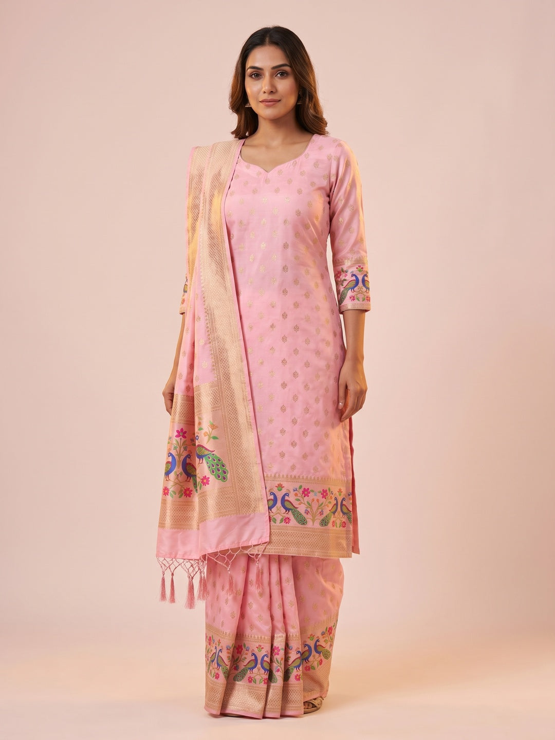 Baby Pink Floral Woven Banarasi Silk Dress Material - Image 1