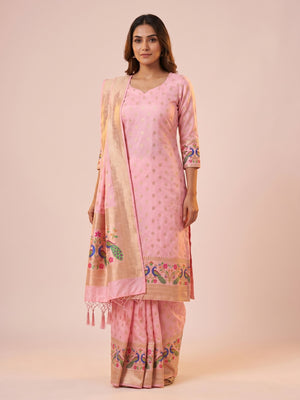 Baby Pink Floral Woven Banarasi Silk Dress Material - Image 1