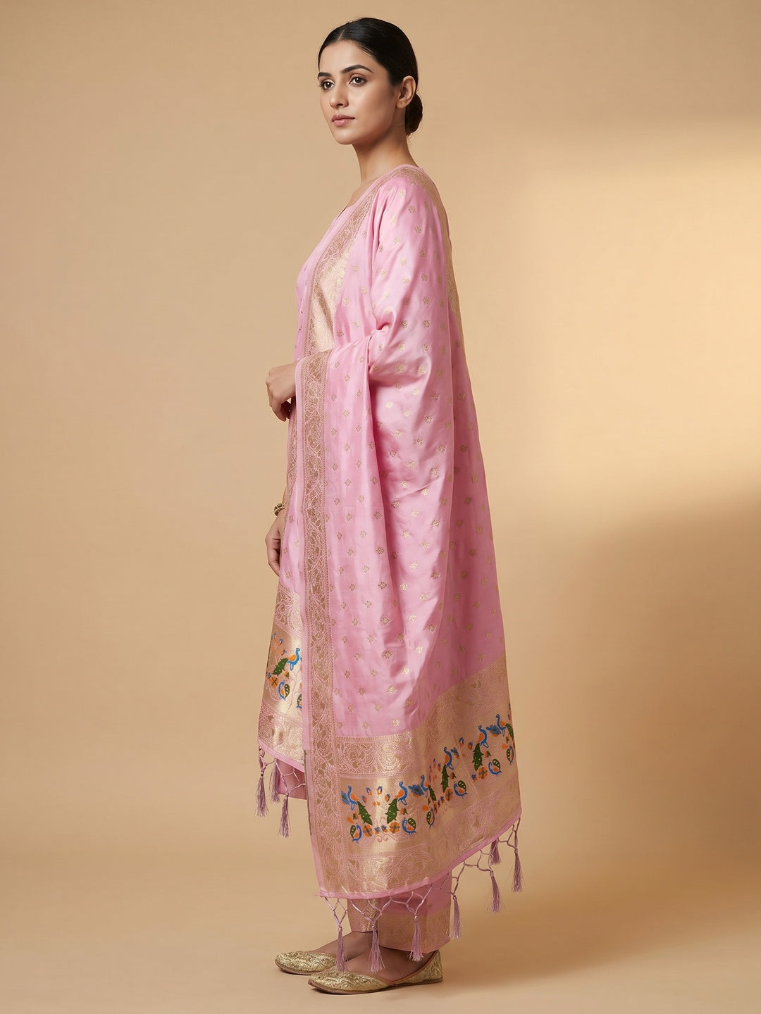 Baby Pink Floral Woven Banarasi Silk Dress Material - Image 2