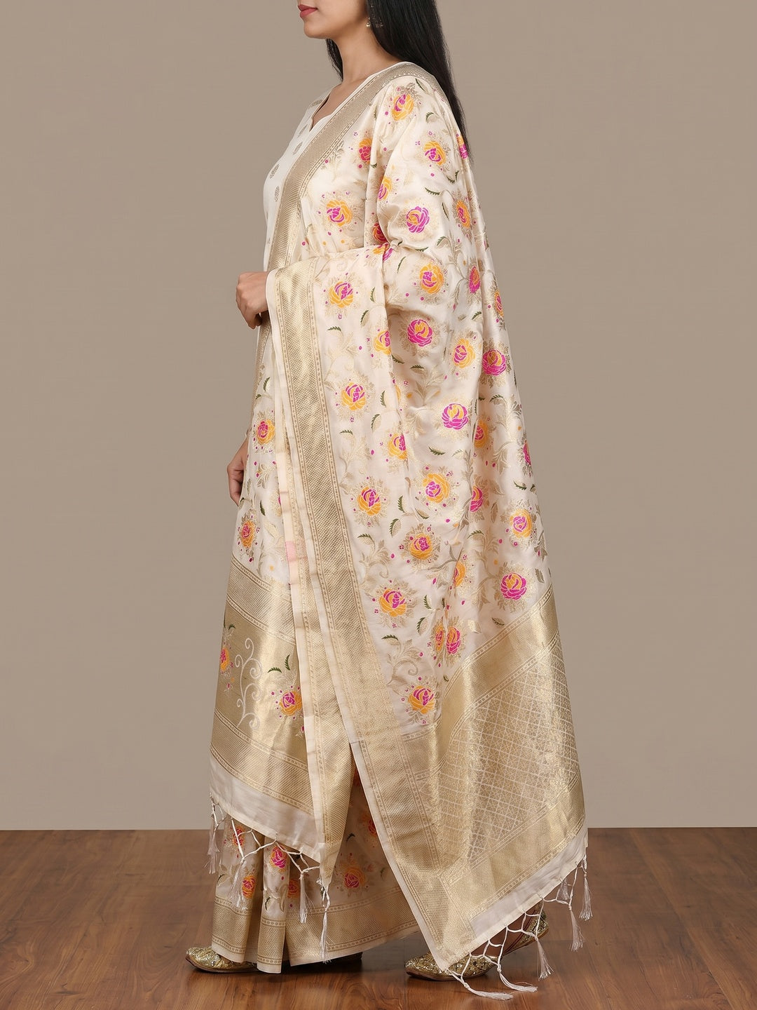 Off white Floral Woven Banarasi Silk Dress Material - Image 3