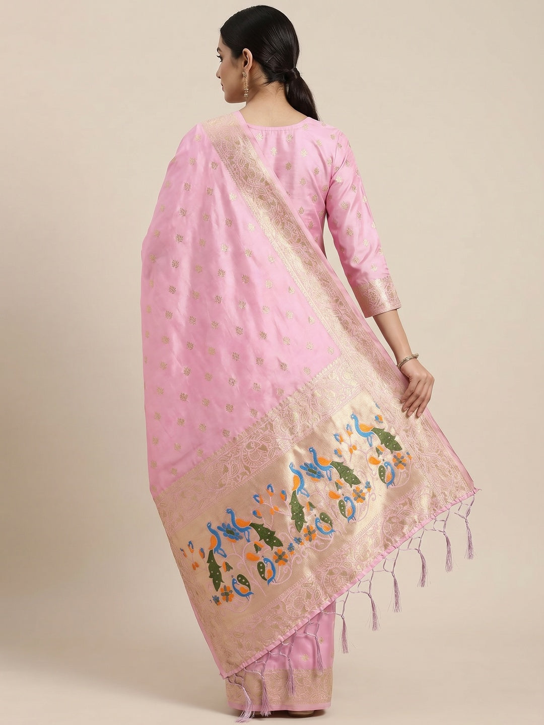 Baby Pink Floral Woven Banarasi Silk Dress Material - Image 3