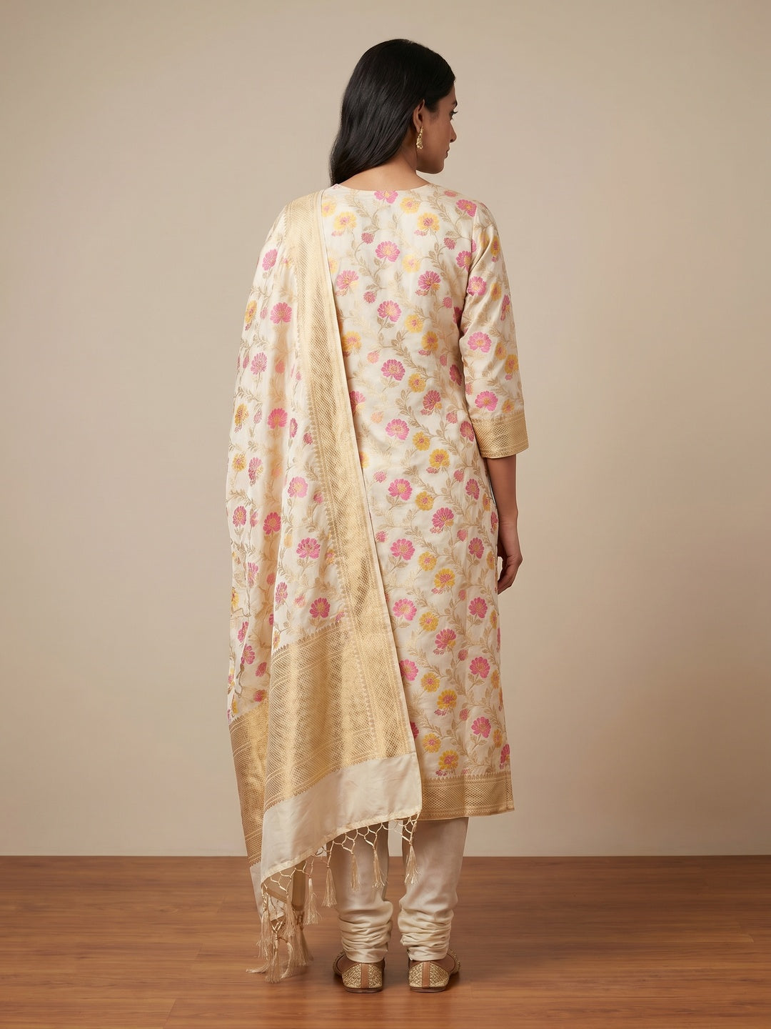 Off white Floral Woven Banarasi Silk Dress Material - Image 2