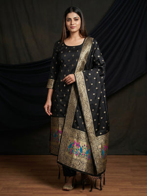 Black Floral Woven Banarasi Silk Dress Material - Image 1