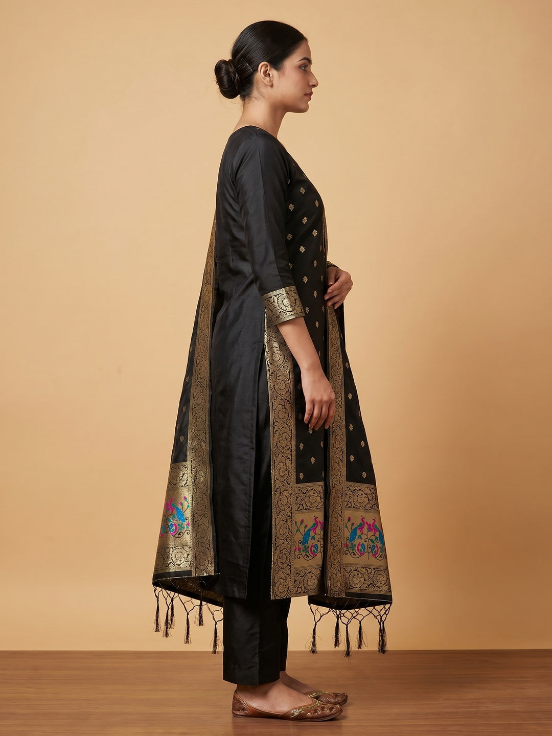 Black Floral Woven Banarasi Silk Dress Material - Image 2