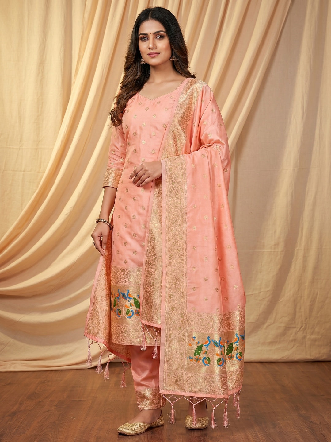 Peach Floral Woven Banarasi Silk Dress Material - Image 1