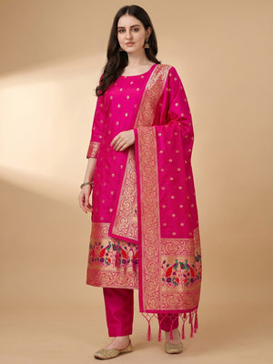 Rani Pink Floral Woven Banarasi Silk Dress Material - Image 1
