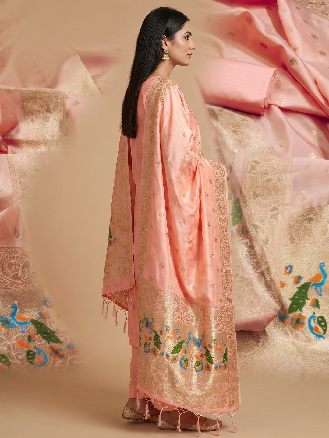 Peach Floral Woven Banarasi Silk Dress Material - Image 3