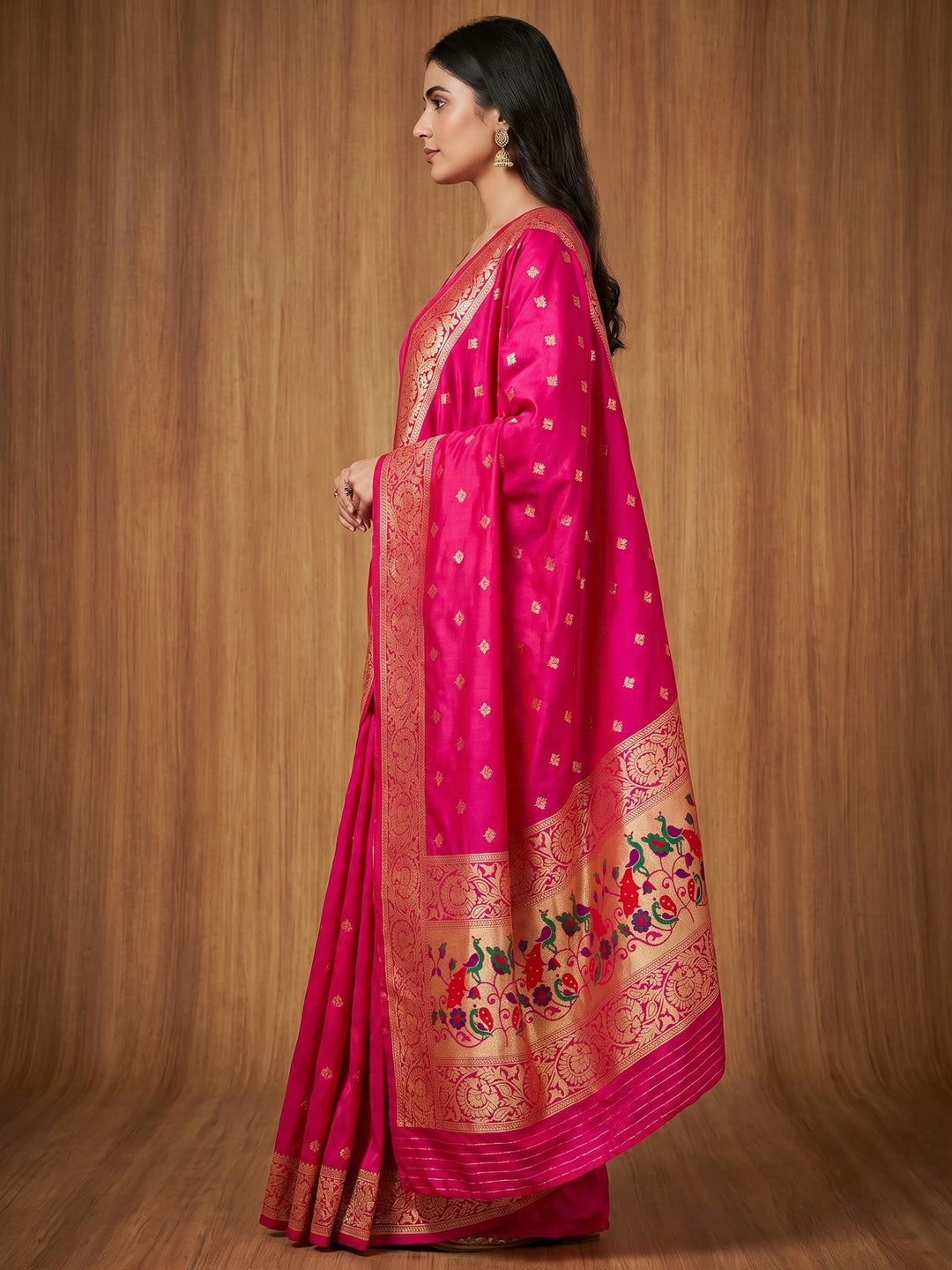 Rani Pink Floral Woven Banarasi Silk Dress Material - Image 2