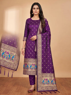 Purple Floral Woven Banarasi Silk Dress Material - Image 1