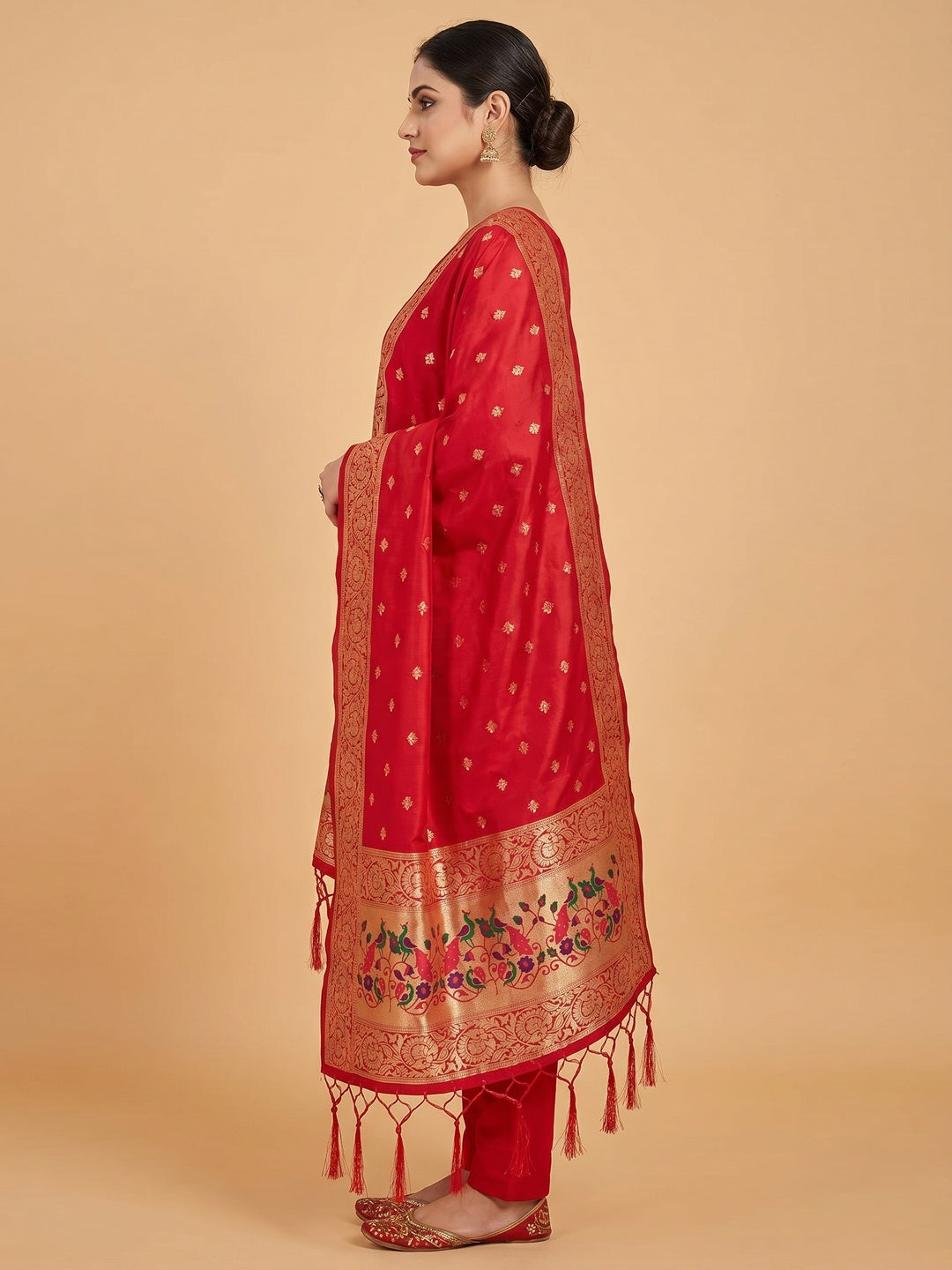 Red Floral Woven Banarasi Silk Dress Material - Image 2