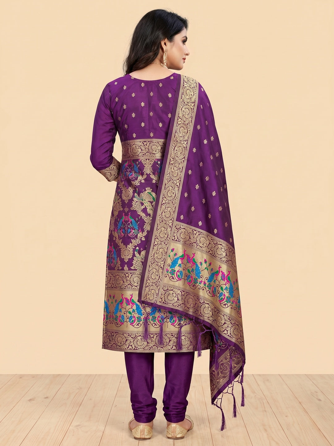 Purple Floral Woven Banarasi Silk Dress Material - Image 3