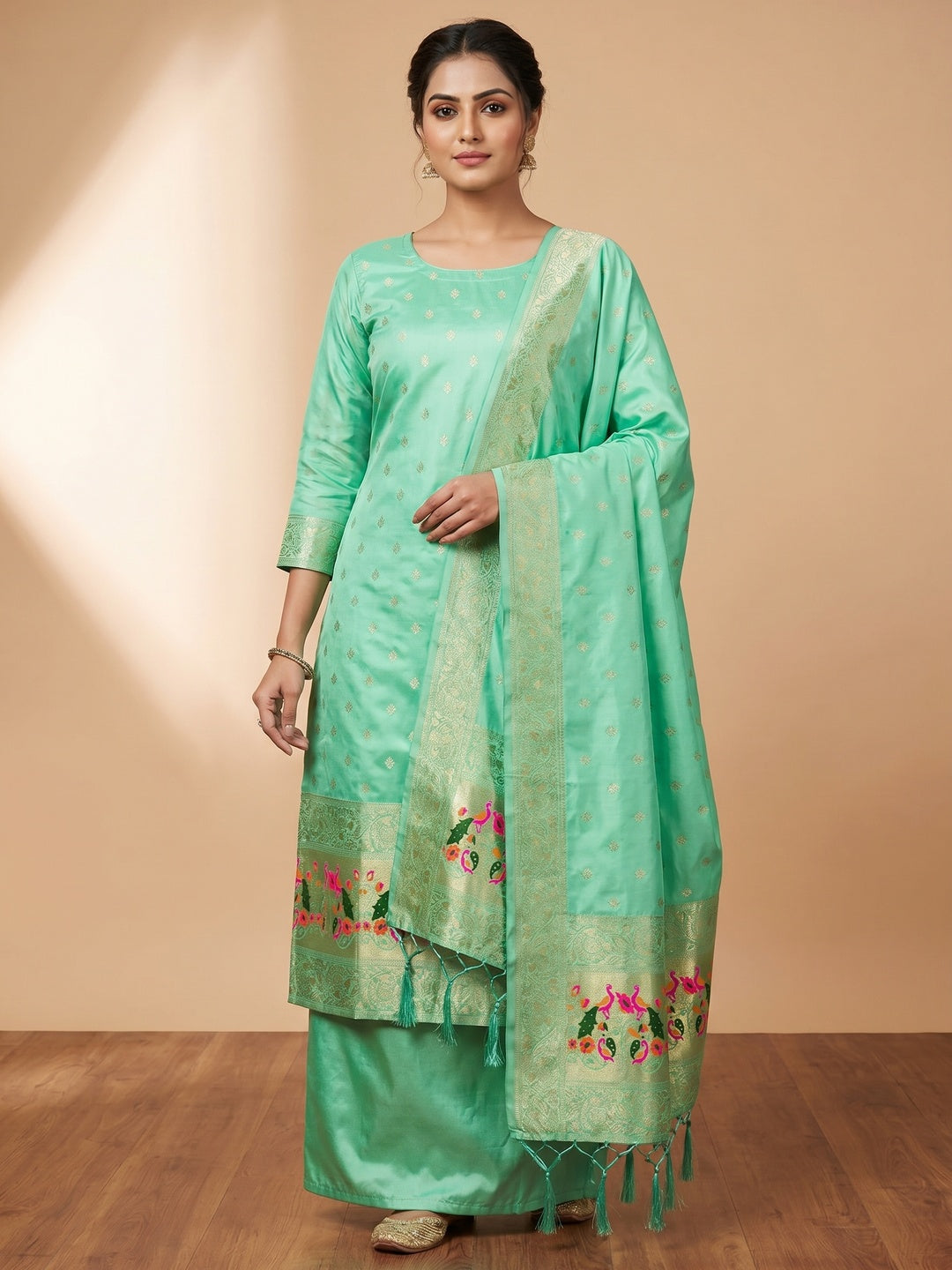 Sea Green Floral Woven Banarasi Silk Dress Material - Image 1