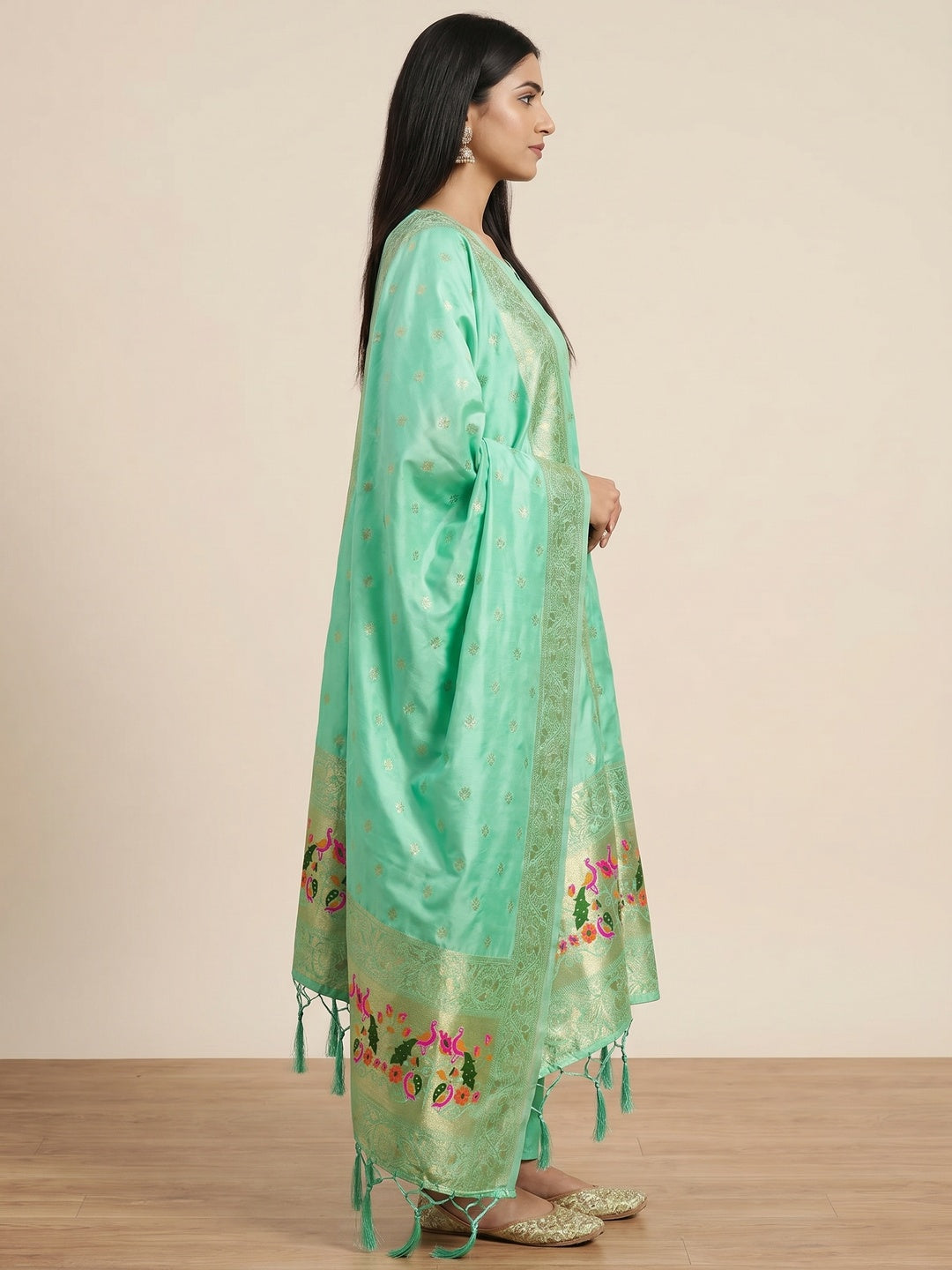 Sea Green Floral Woven Banarasi Silk Dress Material - Image 2