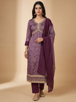 Purple Floral Embroidered Zoya Silk Dress Material - Image 1