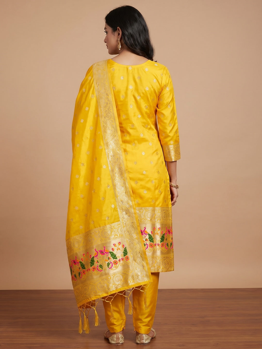 Yellow Floral Woven Banarasi Silk Dress Material - Image 2