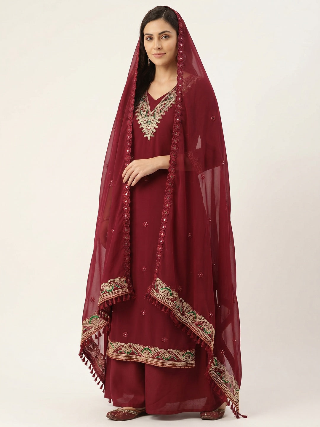 Maroon Sequins Embroidered Georgette Dress Material - Image 2