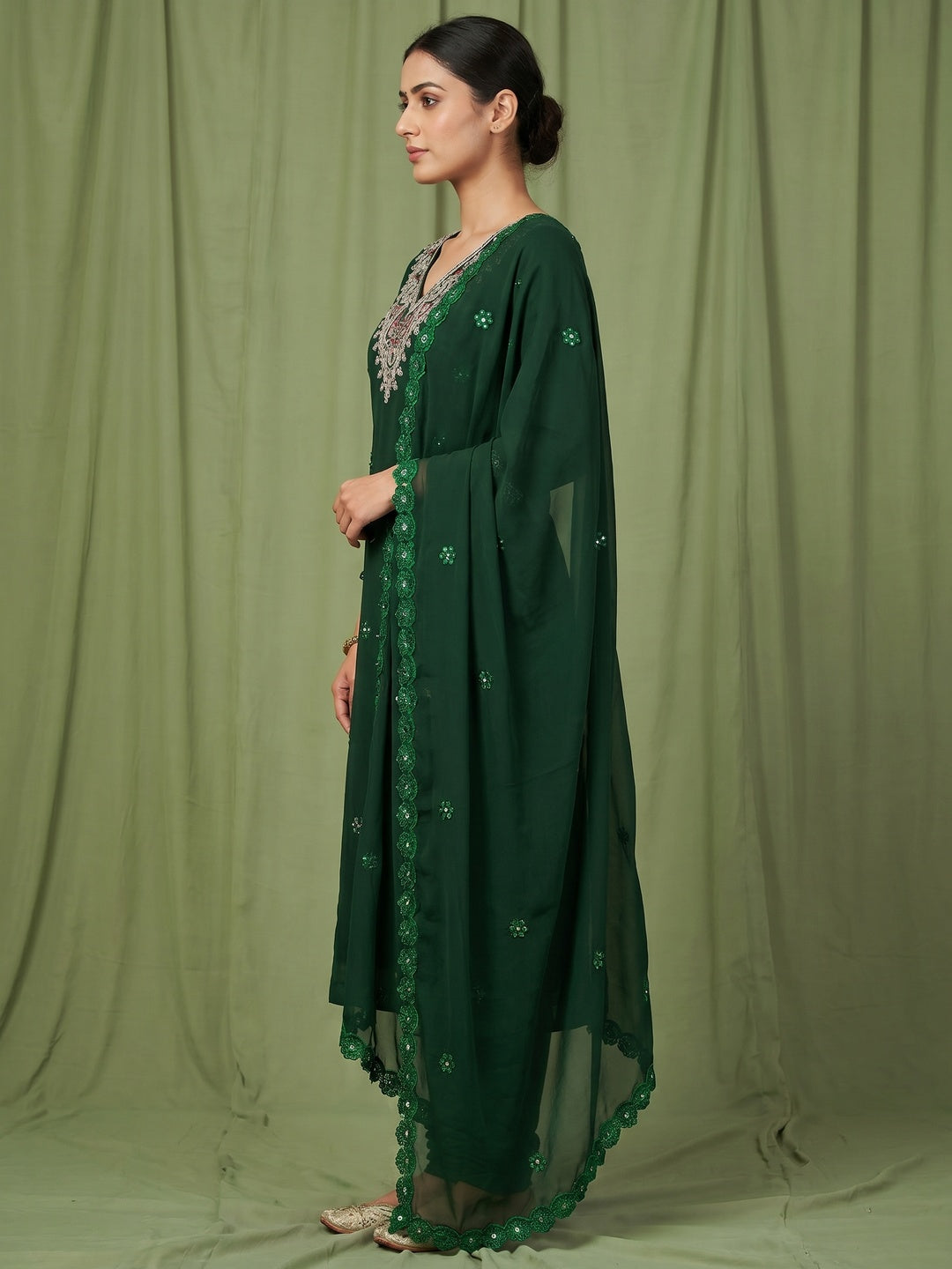 Green Sequins Embroidered Georgette Dress Material - Image 3