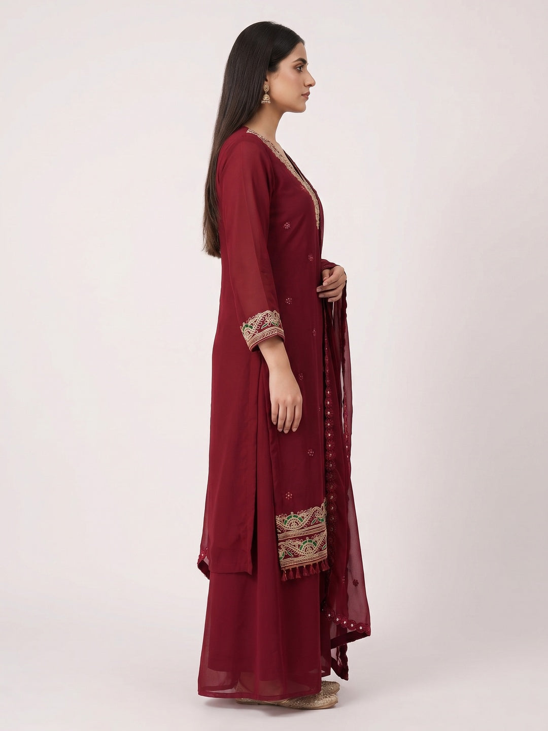 Maroon Sequins Embroidered Georgette Dress Material - Image 1