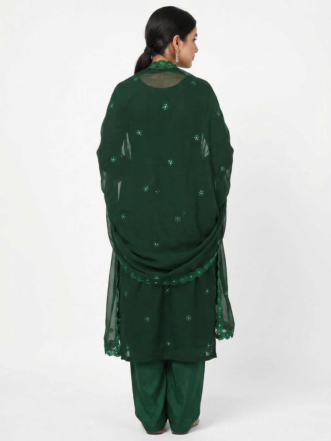 Green Sequins Embroidered Georgette Dress Material - Image 2