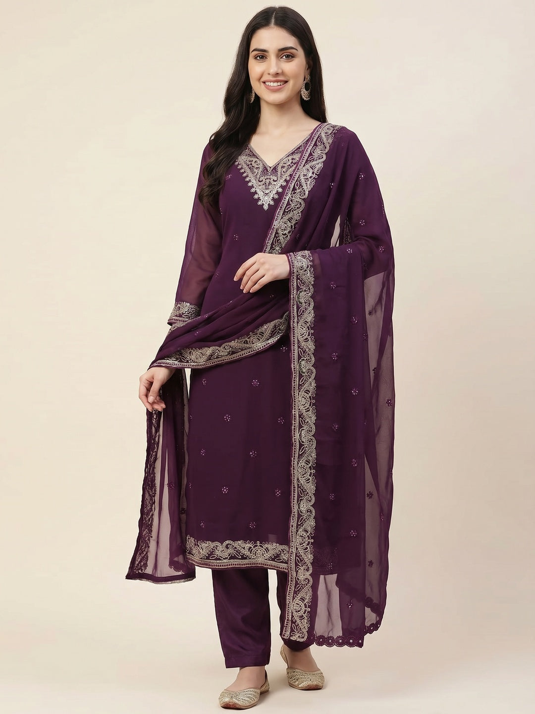 Purple Sequins Embroidered Georgette Dress Material - Image 1