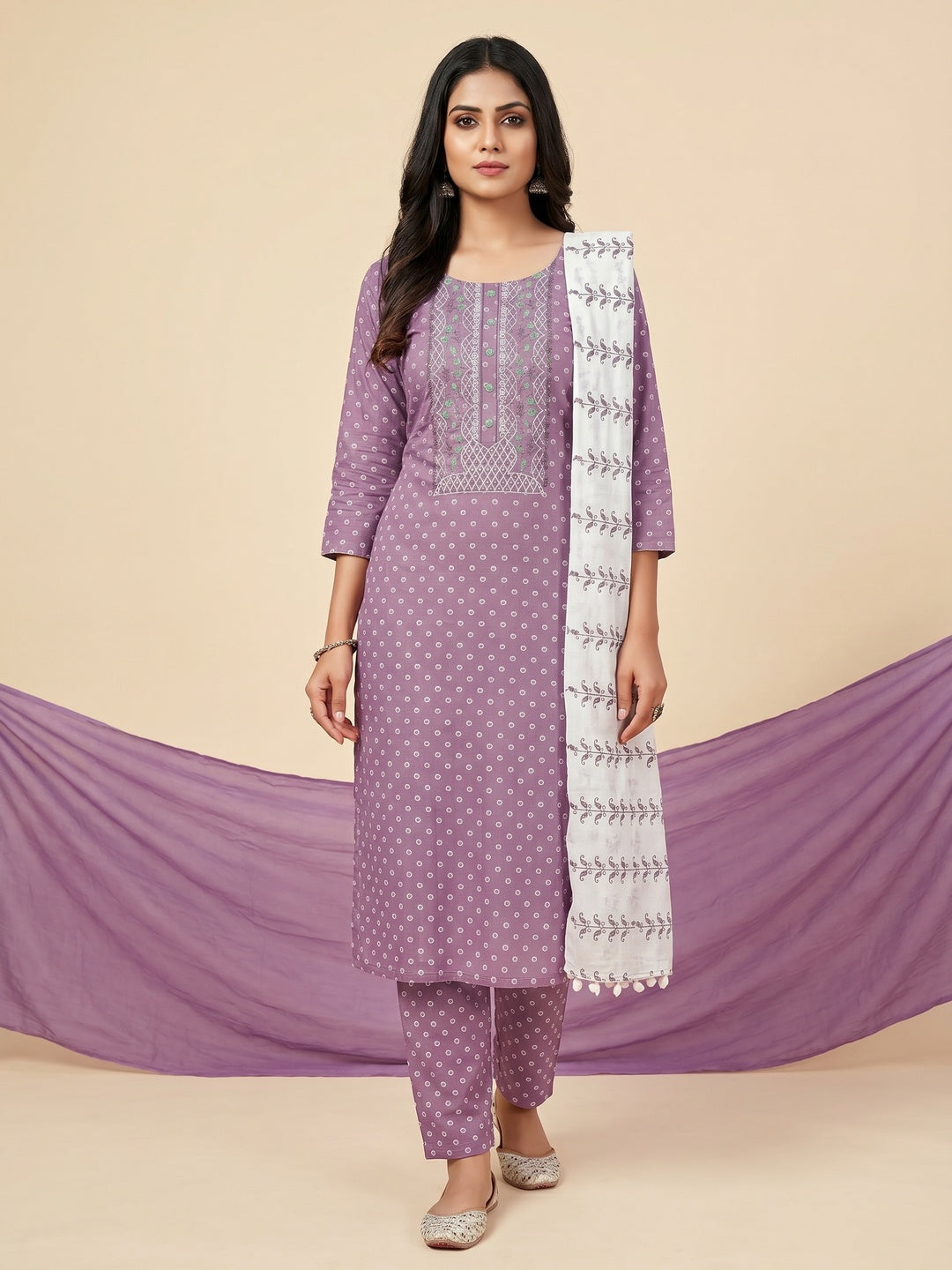 Purple Printed With Yoke Embroidered Pure Cotton Dress Material - Image 1