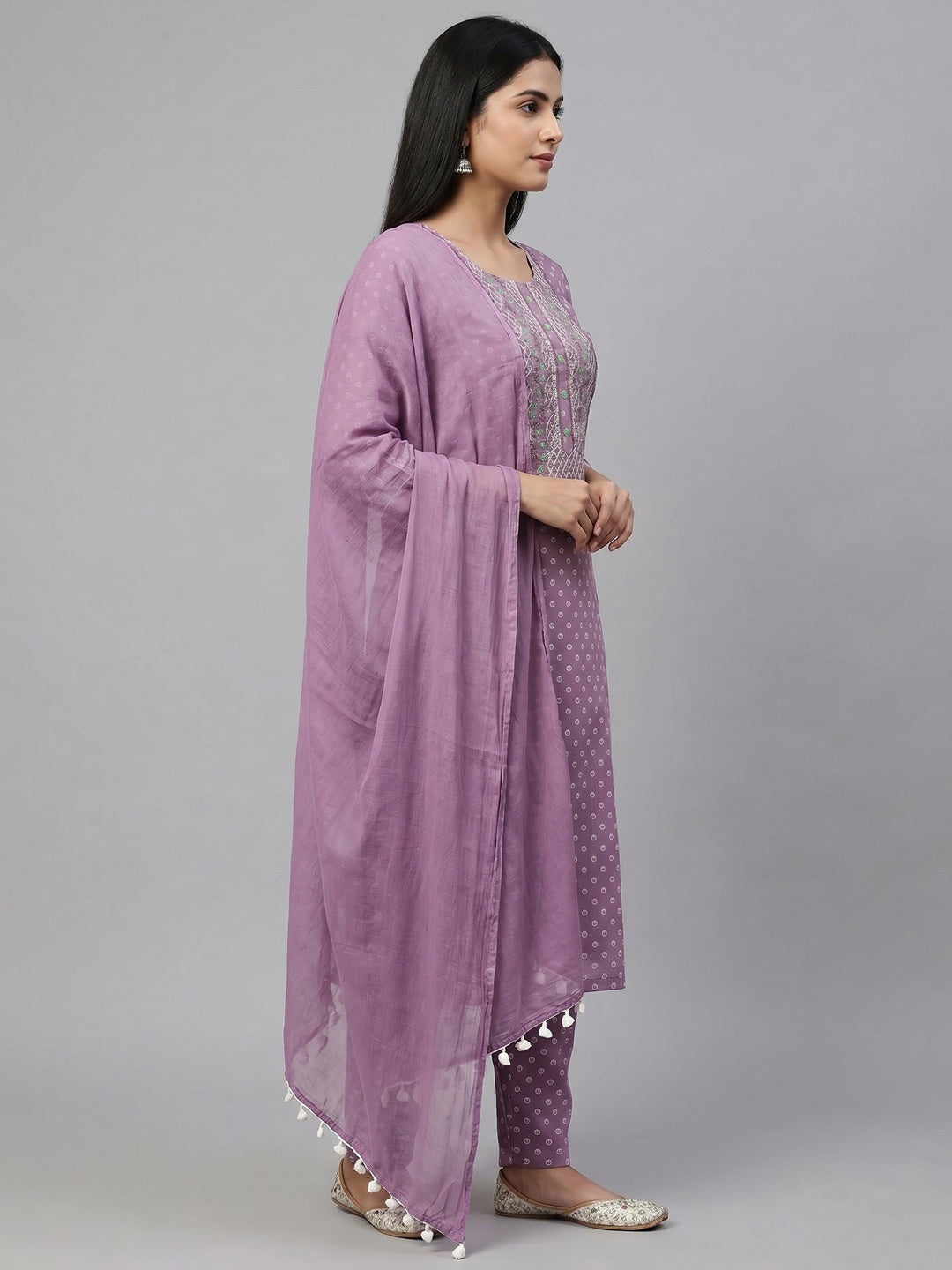Purple Printed With Yoke Embroidered Pure Cotton Dress Material - Image 2