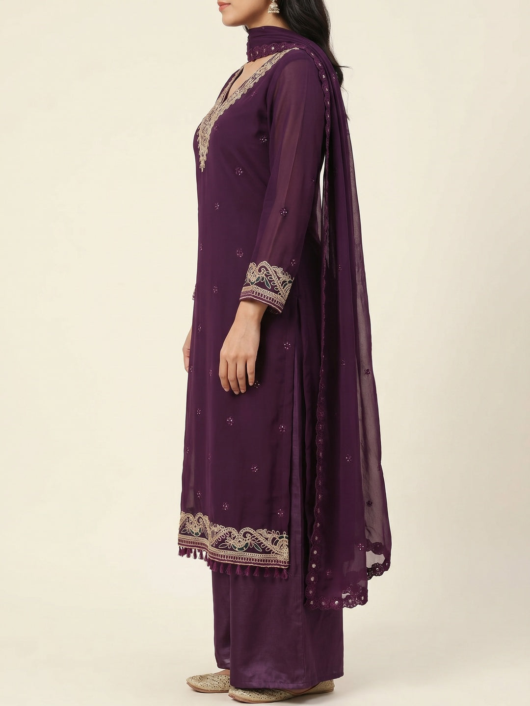 Purple Sequins Embroidered Georgette Dress Material - Image 2