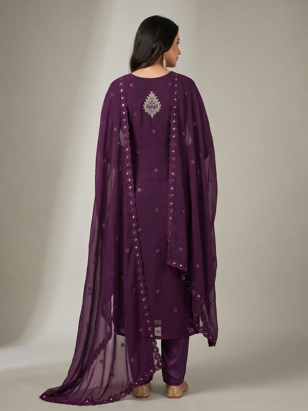 Purple Sequins Embroidered Georgette Dress Material - Image 3